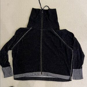 Eileen Fisher Black and Gray Striped Knit zipped sweater